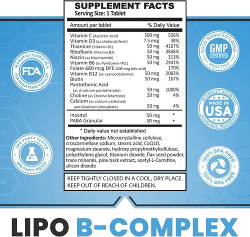 Miniatura 8 de Legere Pharmaceuticals Lipo-BC B-Complex, píldoras lipotrópicas para energía limpia y bienestar (120 tabletas)