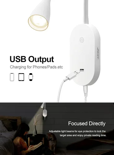Miniatura 4 de deeloop Luz de lectura LED de montaje en pared para cama, lámpara de lectura con salida USB, 5 niveles de brillo, luces de libro de control táctil