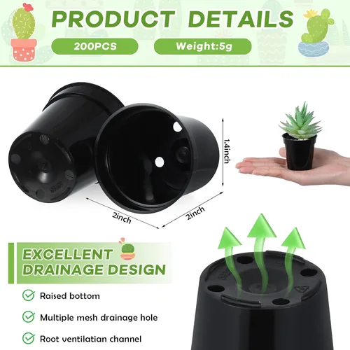 Miniatura 2 de Yaomiao 200 Piezas Macetas de Plástico Negras Mini de 2 Pulgadas para Plantas de Vivero, Macetas de Semillero Iniciador de Semillas con Agujeros