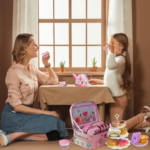 Miniatura 8 de Juego de fiesta de té para niñas pequeñas, juguete de la hora del té de la princesa de PRE-WORLD que incluye postre, galletas, dona, bandeja