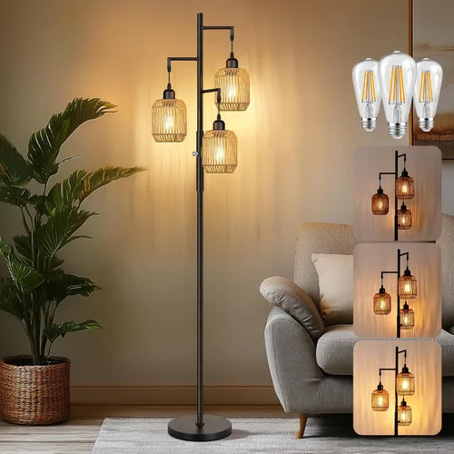 ROTTOGOON Lámpara de Pie Bohemia Regulable - Lámpara de Pie de Ratán de Granja de 3 Luces para Sala de Estar, Lámparas de Pie Industriales tipo