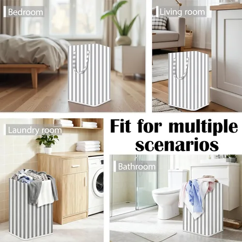 Miniatura 6 de Cesta grande para la ropa sucia, 75L impermeable, cesta plegable con asas extendidas para ropa en el dormitorio familiar (rayas verticales grises)
