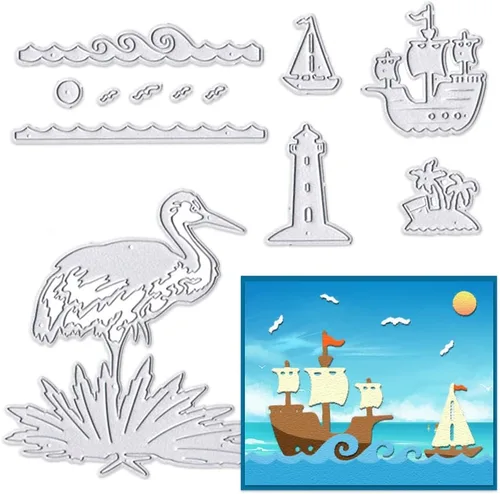 Hying 2 troqueles de fondo de barco de flamenco para hacer tarjetas, troqueles de corte de ondas de faro de verano para álbumes de recortes, papel,