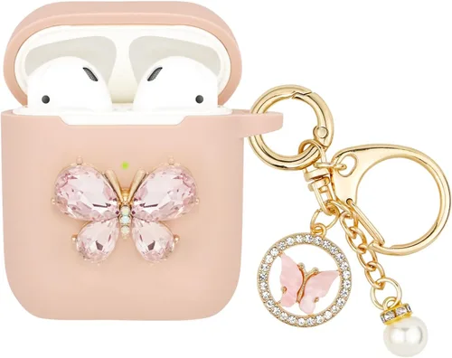 Wonhibo Funda para Airpods para mujeres y niñas, bonita funda de mariposa para Airpod 1 y 2 con llavero (rosa)