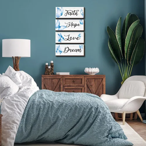 Miniatura 5 de Gerrii 4 piezas de decoración de pared de fe, esperanza, amor, sueño, elegante, primavera, mariposa, madera, decoración para colgar en la Azul