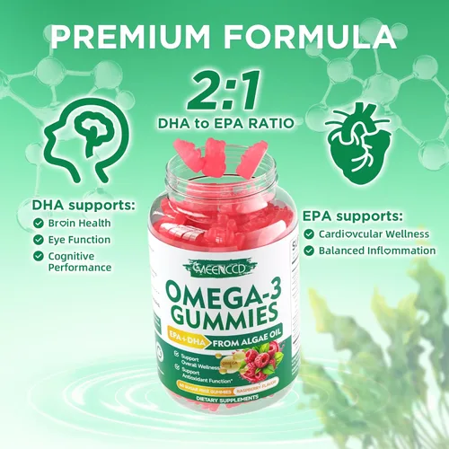 Miniatura 5 de Paquete de 2 gomitas Omega-3 de 1000 mg, aceite de pescado alternativo de Omega 3 para adultos, DHA a base de algas de 600 mg y EPA 300 mg +
