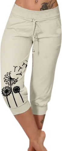 Miniatura 11 de Pantalones capri para mujer, estampado de diente de león, pantalones capri con cordón de cintura alta, elásticos, pantalones cortos de verano