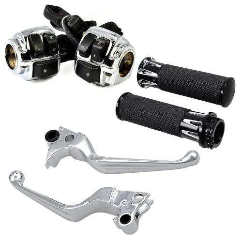 Miniatura 24 de Juego compatible para 1 pulgada de manillar de Harley 96-12, interruptor de bocina, luces delanteras y señales de giro, empuñaduras y tapa de Negro
