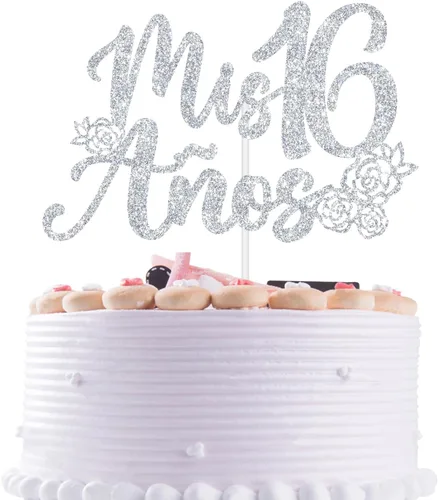 Miniatura 7 de Decoración para tartas Mis 15 años con purpurina de oro rosa, feliz 15 años, feliz 15 años, decoración de fiesta de cumpleaños con temática