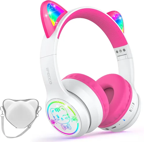 Miniatura 11 de IFECCO Kids Wireless Headphones with Case - Cute LED Light Up Cat Ear,50H Playtime,Safe Volume Limited,Bluetooth 6.0 Kids Girls Headphones for