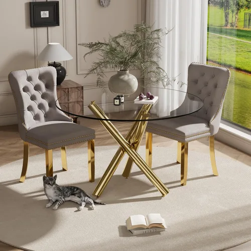 Miniatura 69 de Juego pequeño de mesa redonda con tapa de vidrio transparente para 2, 36'' Juego moderno de lujo para cenas circulares, 3 piezas Juego minimalista