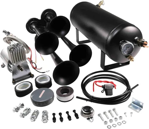 Miniatura 10 de Kit de bocinas de tren de 150DB con 4 trompetas, súper fuerte con compresor de aire de 150 PSI 12V, tanque compresor de bocina de aire