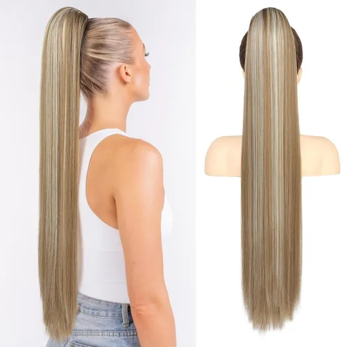 Miniatura 14 de Flufymooz - Extensión de cola de caballo de 26 pulgadas, extensiones de cabello con cordón y clip rectas, cola de caballo falsa natural suave