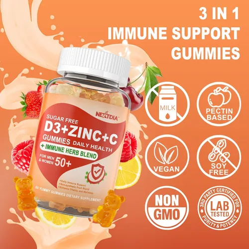 Miniatura 6 de Gomitas de vitamina C + D3 + zinc sin azúcar para adultos mayores de 50 años, suplemento de defensa inmunológica 9 en 1 con D3 5000IU, saúco