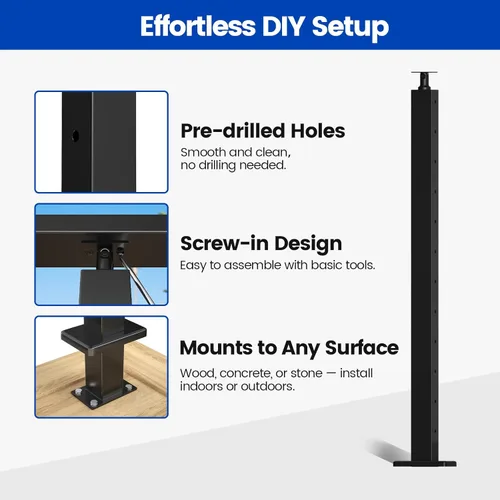 Miniatura 4 de Muzata Paquete de 4 postes de barandilla de cable negro de 42 pulgadas, 42 x 2 x 2 pulgadas, montaje en superficie perforada de nivel T304, kit