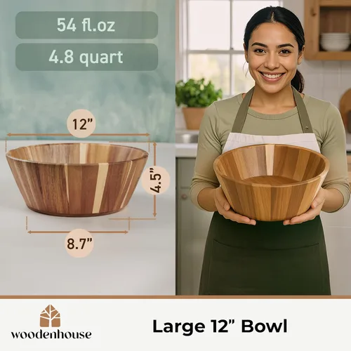 Miniatura 5 de Woodenhouse Tazón de ensalada de madera, tazón para ensalada, tazón de madera - 12" Diseño redondo, tazón de frutas hecho a mano, duradero