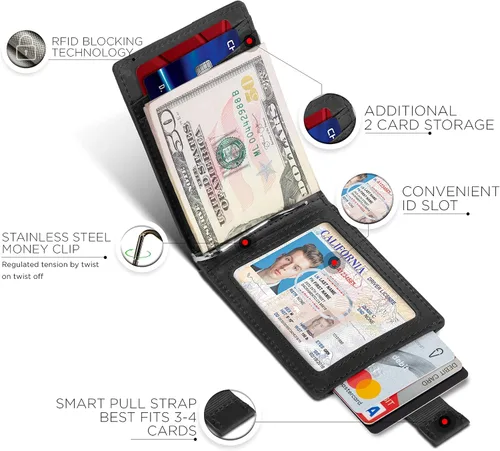 Miniatura 74 de SERMAN BRANDS - Billetera sencilla de cuero genuino con bloqueo RFID para hombre, billetera delgada con bolsillo frontal y clip para dinero