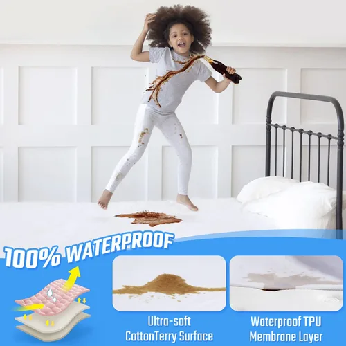 Miniatura 2 de Protector de colchón ajustable e impermeable. Protector lavable de cama, blanco, no hace ruido, de algodón Terry premium suave, sin vinilo, funda