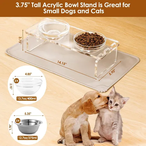 Miniatura 4 de Cuencos elevados para perros y gatos, soporte elevado de acrílico de 3.75 pulgadas con 2 cuencos de acero inoxidable y 2 cuencos de vidrio, juego