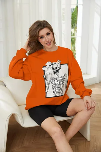 Miniatura 3 de Meladyan - Sudadera de forro polar con estampado de calavera de Halloween de gran tamaño, cuello redondo, manga larga, hombros caídos