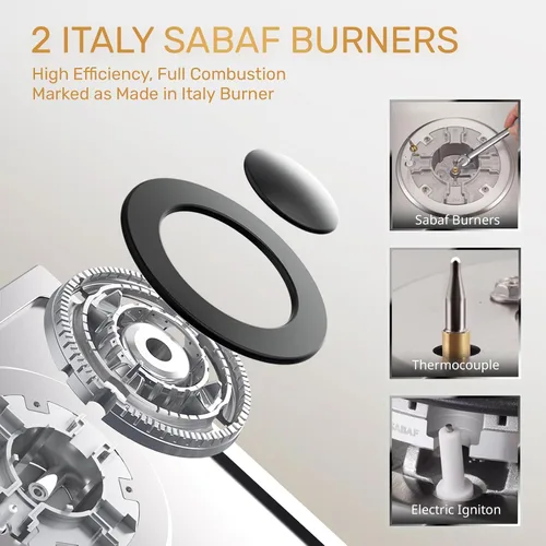 Miniatura 4 de TOPWISH Placa de cocina de gas de 12 pulgadas, estufa de propano con 2 quemadores sellados ITALY SABAF de 18,000 BTU, NG/LPG, estufa convertible