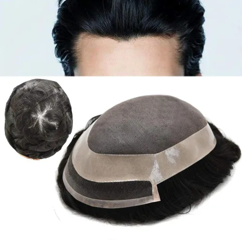 LYRICAL HAIR Toupee para hombres soldado con encaje frontal natural línea capilar natural sistemas de reemplazo de cabello humano negro duradero
