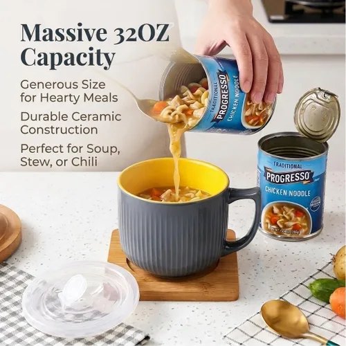 Miniatura 4 de Tazón de sopa de cerámica con asa de 32 onzas – Tazón de ramen para microondas con tapa, tazas y tazas de sopa para cereales, avena, ramen, fideos