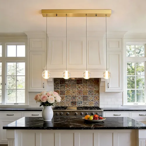 Miniatura 7 de Lámparas colgantes de oro cepillado de 4 luces para isla de cocina moderna, lámparas colgantes de globo de cristal para comedor sobre mesa, lámparas