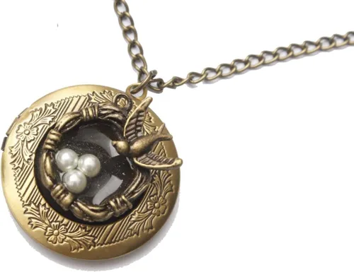 Miniatura 2 de Collar de medallón de pájaro. Collar de nido de pájaro, collar de bronce. Collar de medallón con dije de pájaro, Metal