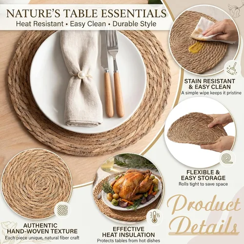 Miniatura 3 de Juego de 6 manteles individuales tejidos con cesta de almacenamiento de jacinto de agua, manteles de mesa tejidos naturales para mesa de comedor