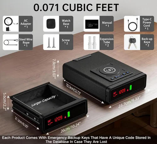 Miniatura 7 de ORARAER Caja fuerte biométrica inteligente para armas con carga inalámbrica, 3 cajas de dinero de acceso rápido con huella dactilar, caja fuerte