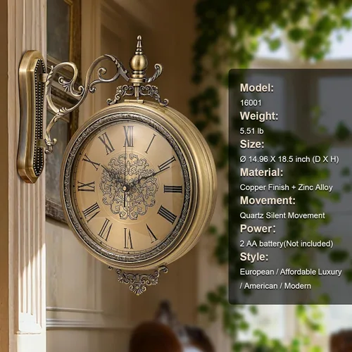 Miniatura 3 de Reloj de pared grande vintage de doble cara con cristal y metal, números romanos y árabes, silencioso sin tictac, funciona con pilas, reloj antiguo
