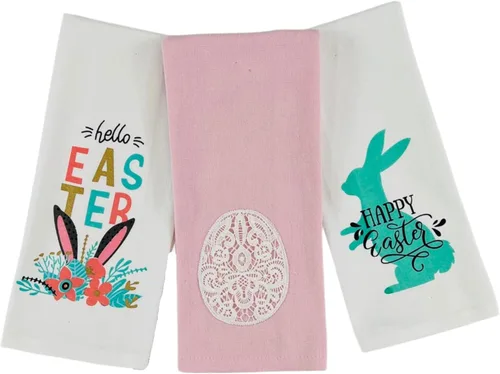 Miniatura 7 de Serafina Home Toallas de mano para platos de cocina de primavera de Pascua: flores de huevos de conejo blanco rosa, lindo y colorido, 100% algodón