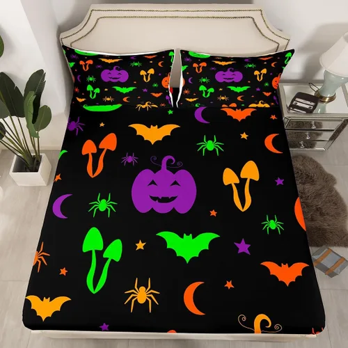 Miniatura 23 de Erosebridal Sábana bajera ajustable de Halloween, diseño de calabaza de dibujos animados, diseño de arco iris para niños, niñas, adolescentes