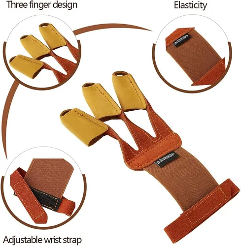 Miniatura 3 de Huntingdoor Guante de dedo de tiro con arco con 3 pestañas de dedo, protector de dedo de gamuza negra y marrón, guantes de dedo para tirador de mano