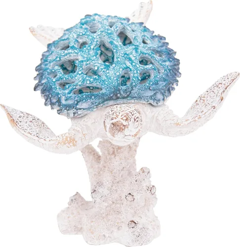 Miniatura 9 de Estatua de tortuga marina triples nadando sobre base de arrecife de coral, figura de polystone inspirada en el océano para decoración del hogar Azul