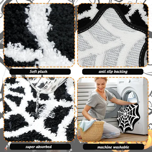 Miniatura 7 de FYSUIMU Alfombra de baño de telaraña negra para Halloween, alfombra de inodoro suave en forma de U, antideslizante, lavable, para el hogar, hotel