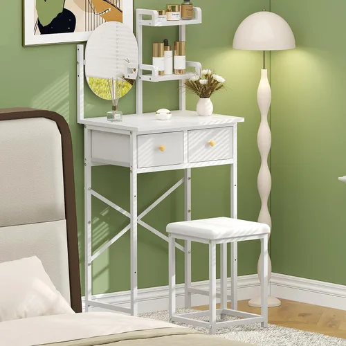 Miniatura 9 de Mesa de tocador pequeña de 19.7" de ancho con espejo y silla, juego de mesa de maquillaje mini y linda con 2 cajones de almacenamiento de tela