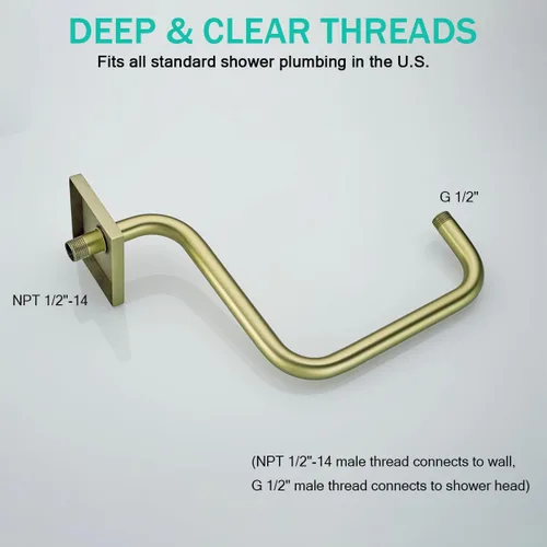 Miniatura 5 de 13 Inches Shower Arm with Flange,Brushed Gold S Shaped Gooseneck High Rise Shower Head Extension Arm,Standard 1/2" Connection,SE-91058-13BG-SQ