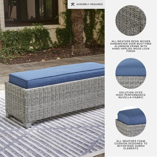 Miniatura 4 de Signature Design by Ashley Naples Beach - Banco casual para exteriores con cojín, tela resistente a la intemperie, gris claro y azul