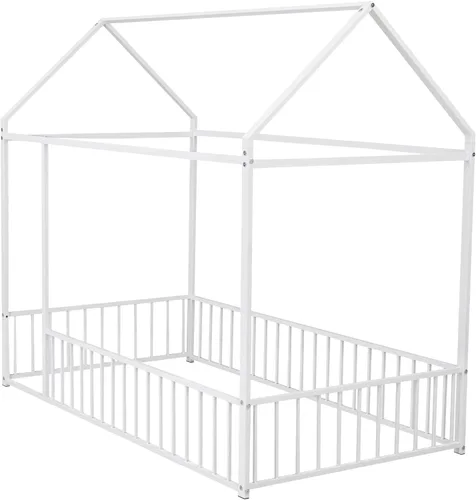 Miniatura 2 de Bellemave Cama de Piso Montessori Tamaño Twin, Marco de Cama Casa de Metal para Niños, Camas de Piso Montessori con Cerca, Blanco