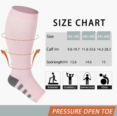 Miniatura 2 de Abodhu Calcetines de compresión de talla grande con punta abierta para mujeres y hombres, 15-20mmHg pantorrilla ancha hasta la rodilla, calcetines