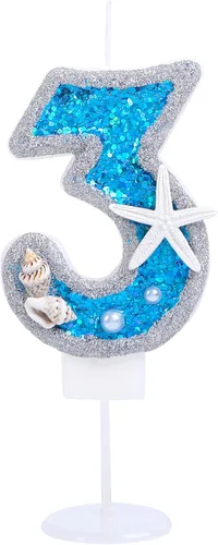 Miniatura 24 de Vela de cumpleaños número 0 3D número 0 para decoración de pastel para niños y niñas, niños pequeños bajo el océano, tema azul mar, fiesta