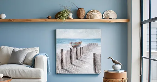 Miniatura 4 de Yihui Arts - Lienzo decorativo para pared de playa con diseño de bote azul y gris costero náutico cuadrado, pintura artística para decoración