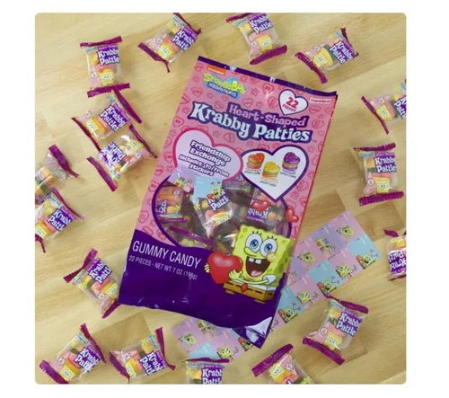 Miniatura 3 de Patties de cangrejo con forma de corazón de Bob Esponja, 22 unidades, gomitas envueltas individualmente, calcomanías para intercambio de regalos