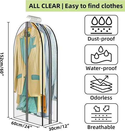 Miniatura 5 de Bolsas de ropa transparentes con fuelle de 12 pulgadas para colgar ropa, bolsas de traje de 60 pulgadas para almacenamiento de abrigos, vestidos