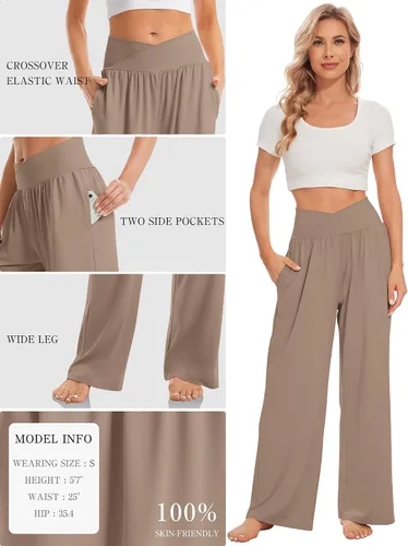 Miniatura 4 de TARSE Pantalones holgados casuales de pierna ancha para mujer, pantalones de yoga, cómodos, cruzados, de cintura alta, pantalones de pijama