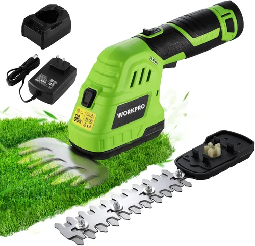 WORKPRO Tijera para podar hierba y cortasetos inalámbrica de 12V - Recortador de setos manual tipo 2 en 1, cortador de césped eléctrico con batería