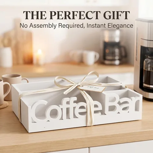 Miniatura 8 de Organizador de Barra de Café para Encimera – Caddy de Estación de Café de Madera con Compartimentos para Cápsulas, Condimentos, Té y Accesorios