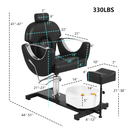 Miniatura 2 de Silla de pedicura giratoria de 360° con taburete y baño de pies de masaje, estación de pedicura hidráulica de altura ajustable sin plomería